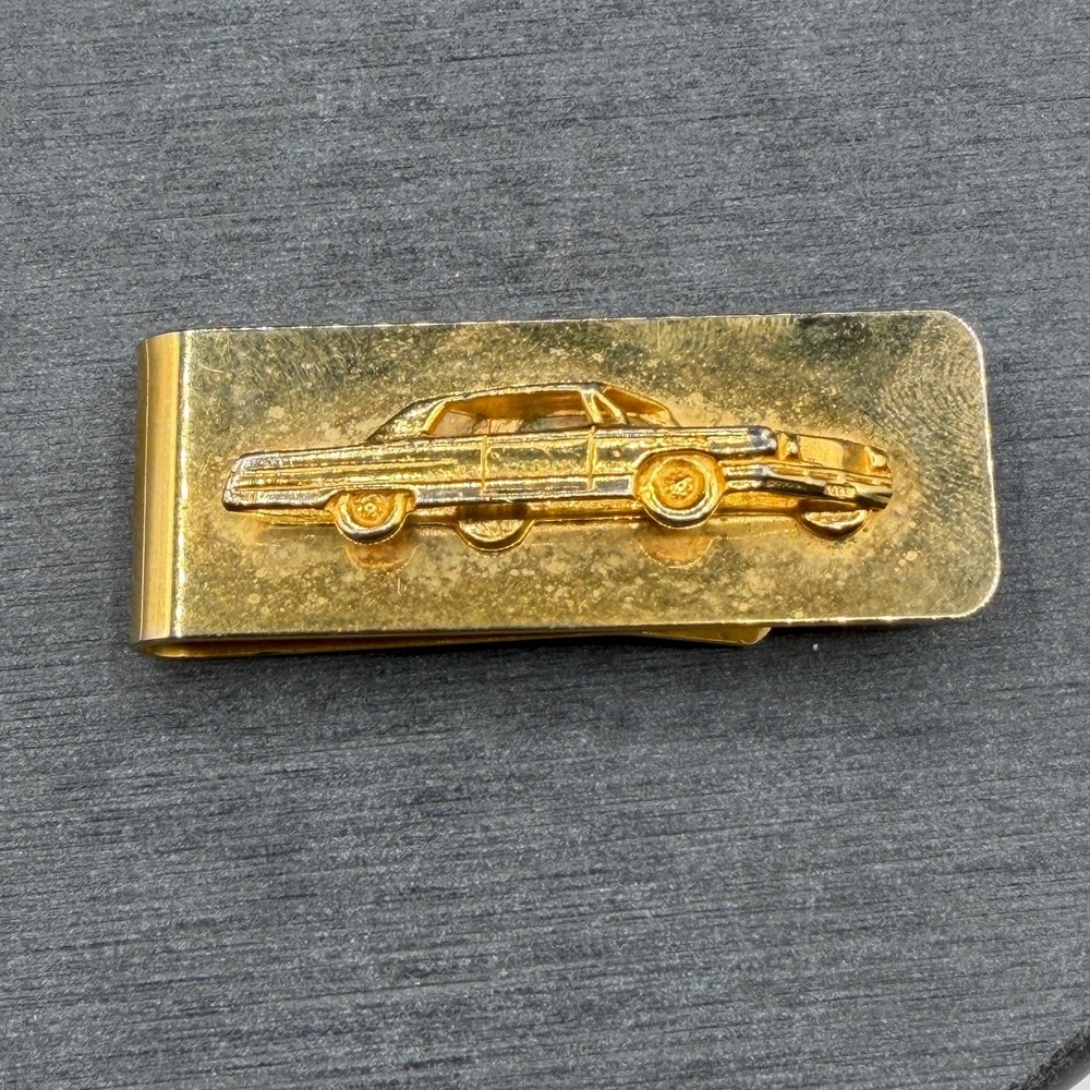 Gold Tone Classic Car Money Clip Raised Automobile Motif Collectible Mens Gift